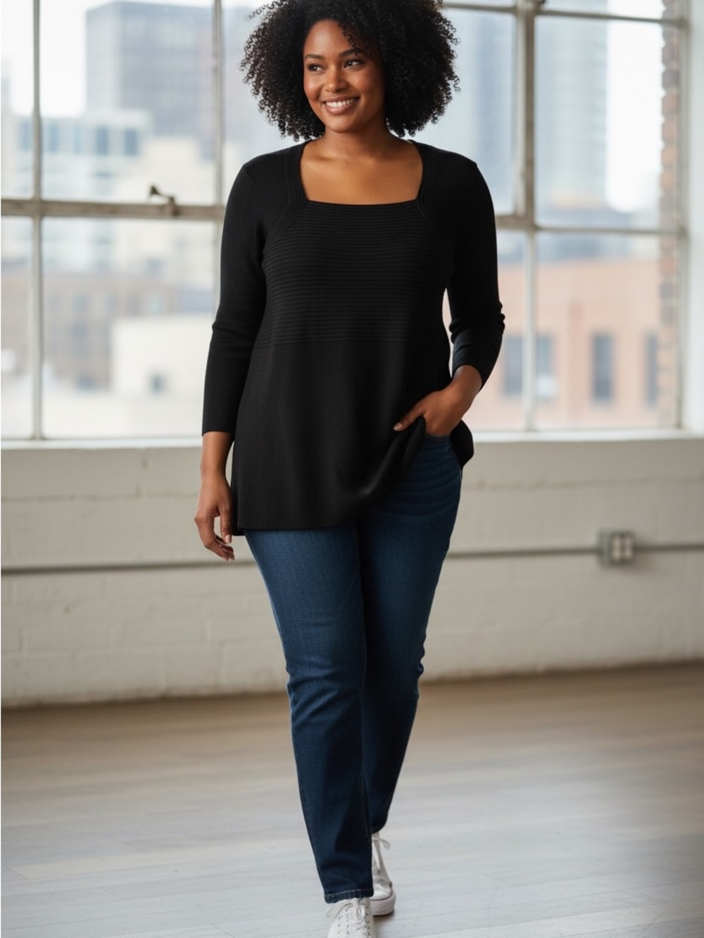 Cable & Gauge Square Neck Fine Knit Top